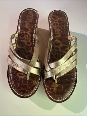 Sam Edelman Metallic Champagne Gold Strappy Cork Wedge Slide Sandals.